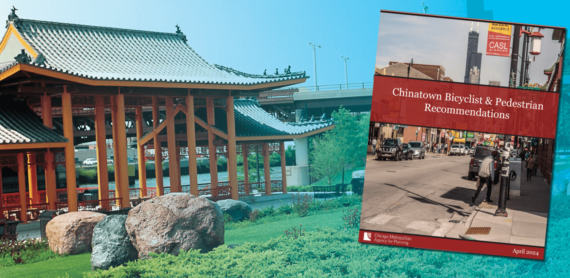 Ping Tom Park pagoda with cover of Chinatown NEXT Plan cover overlay
