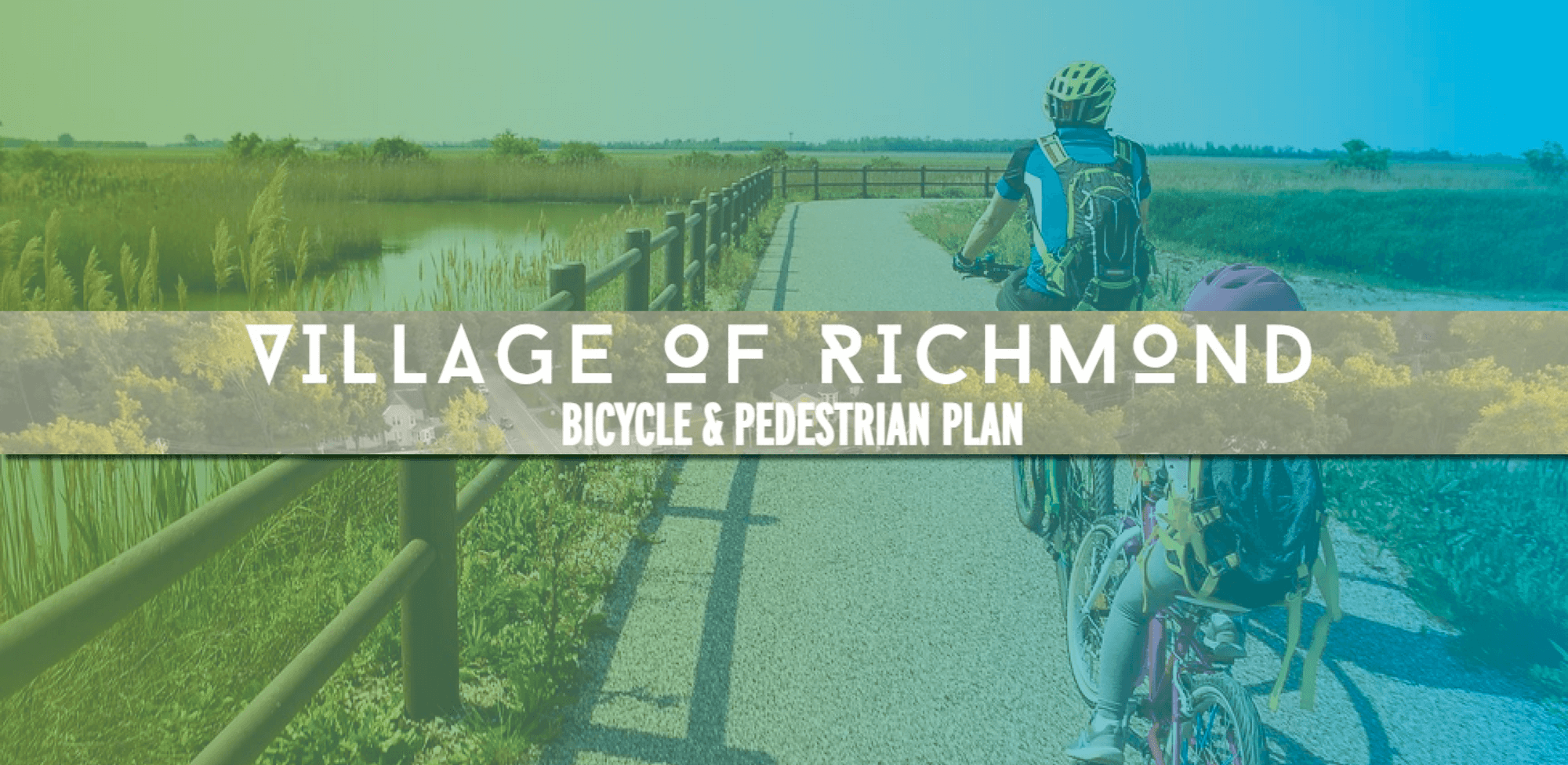Bike path in Richmond featuring father and child cycling. Text: "Village of Richmond Bicycle and Pedestrian Plan"